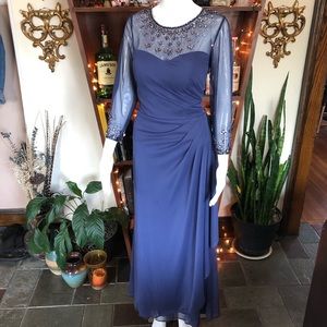 Alex Evenings Navy Blue Beaded Illusion Long Sleeve Evening Dress
